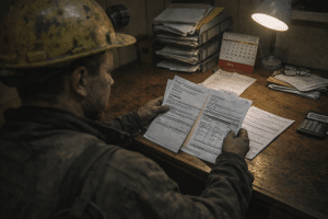 górnik analizuje dokumenty dotyczące rozliczenia pracy po zakończeniu zatrudnienia