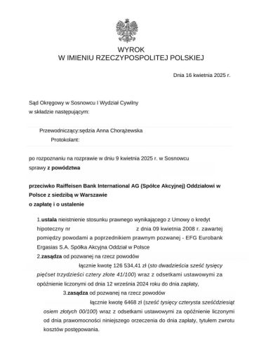 Wyrok Sądu Okręgowego w Sosnowcu unieważniający umowę kredytową w Euro przeciwko Raiffeisen Bank