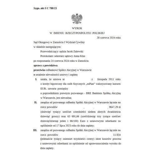 Wyrok EUR przeciwko mBank S.A. (dawniej BRE Bank Sąd Okręgowy w Zamościu
