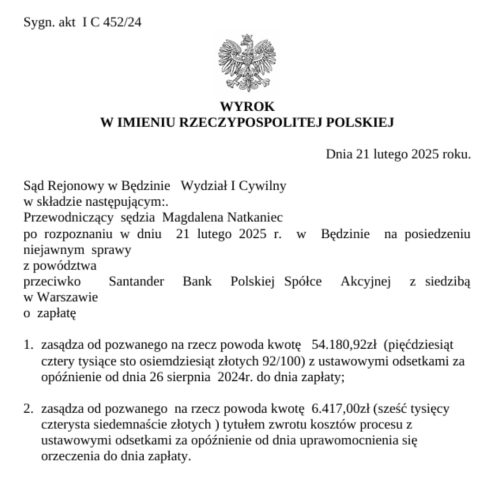 Wyrok SKD Sąd Rejonowy w Będzinie przeciwko Santander
