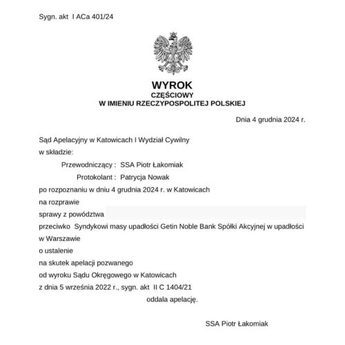Wyrok Sądu Apelacyjnego w Katowicach przeciwko Syndykowi Getin Noble Bank