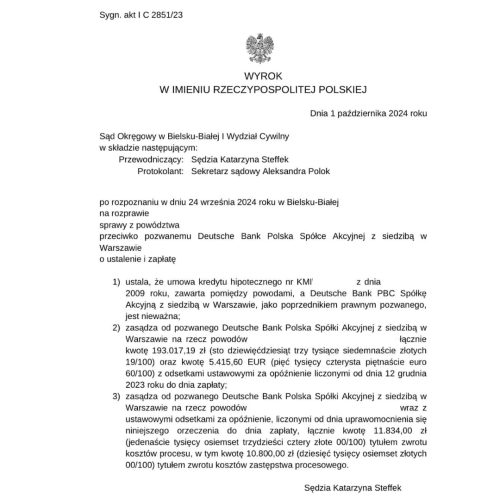 Wyrok Sądu Okręgowego w Bielsku-Białej dotyczący unieważnienia kredytu w EUR przeciwko Deutsche Bank