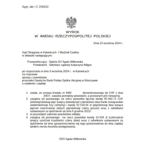 Wyrok Sądu Okręgowego w Katowicach dotyczący unieważnienia kredytu frankowego przeciwko Deutsche Bank