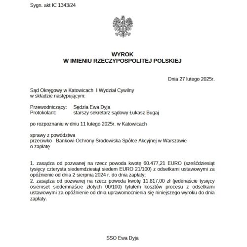 Wyrok Sądu Okręgowego w Katowicach przeciwko BOŚ Bank kredyt w EURO