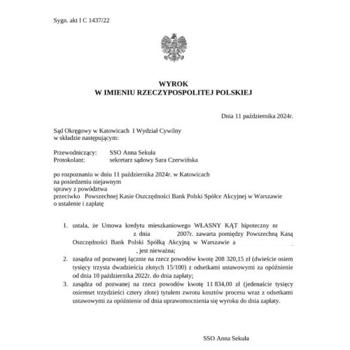 Wyrok Sądu Okręgowego w Katowicach unieważniający umowę kredytu we Frankach przeciwko Bank PKO BP S.A.