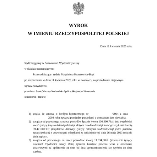 Wyrok Sądu Okręgowego w Sosnowcu przeciwko BOŚ Bank - kredyt frankowy