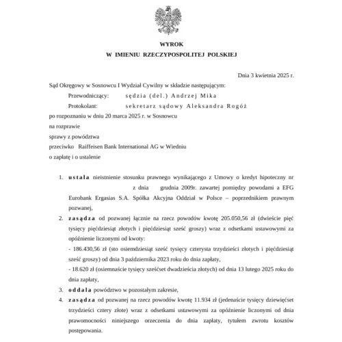 Wyrok Sądu Okręgowego w Sosnowcu przeciwko Raiffeisen - kredyt w EURO