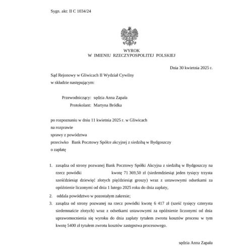 Wyrok Sankcja Kredytu Darmowego Bank Pocztowy Sąd Rejonowy w Gliwicach