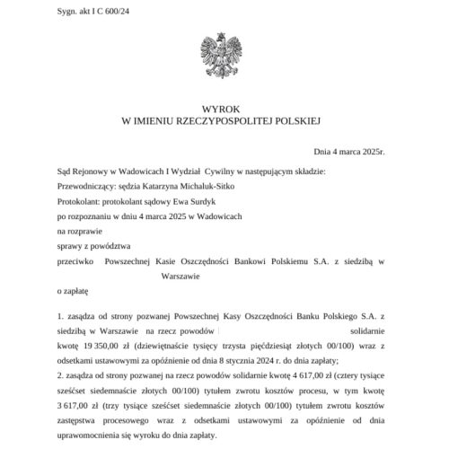 Wyrok dotyczący nieautoryzowanej transakcji przeciwko PKO BP Sąd Rejonowy w Wadowicach