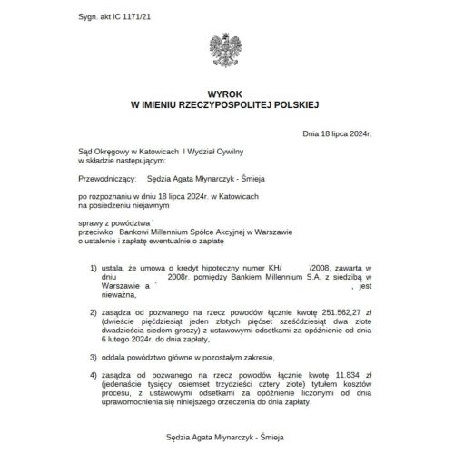 Wyrok frankowy Sąd Okręgowy w Katowicach przeciwko Millennium
