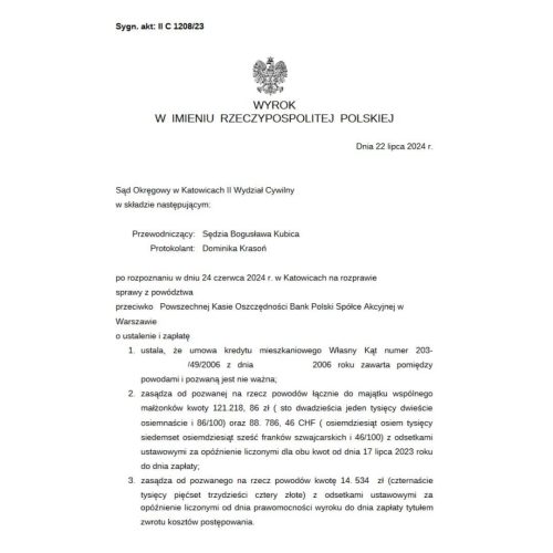 Wyrok frankowy Sąd Okręgowy w Katowicach przeciwko PKO BP