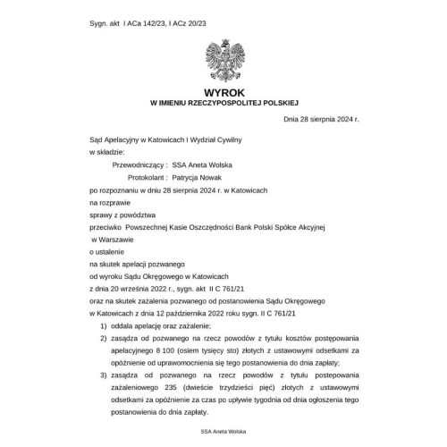 Wyrok frankowy Sądu Apelacyjnego w Katowicach przeciwko Bank PKO BP