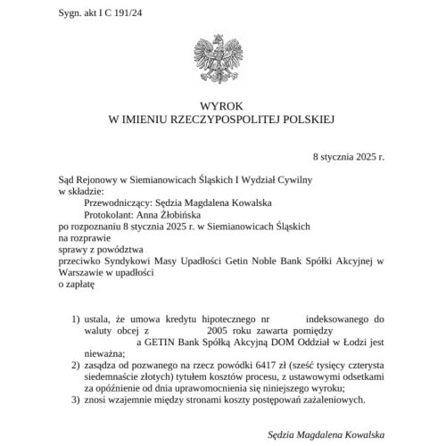 Wyrok frankowy Sądu Rejonowego w Siemianowicach Śląskich przeciwko Getin Noble Bank