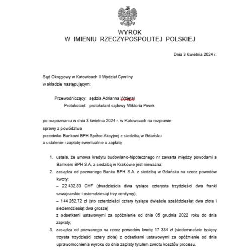 Wyrok frankowy przeciwko BPH Sąd Okręgowy w Katowicach