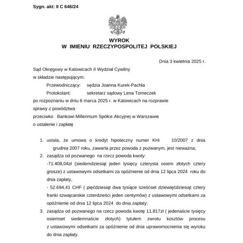 Wyrok frankowy przeciwko Bank Millennium SA Sąd Okręgowy w Katowicach
