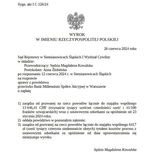Wyrok frankowy przeciwko Bank Millennium Sąd Rejonowy w Siemianowicach Śląskich