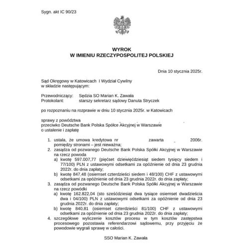Wyrok frankowy przeciwko Deutsche Bank Sąd Okręgowy w Katowicach