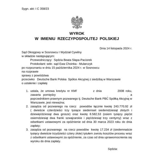 Wyrok frankowy przeciwko Deutsche Bank Sąd Okręgowy w Sosnowcu