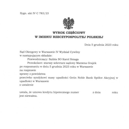 Wyrok frankowy przeciwko Getin Bank Sąd Okręgowy w Warszawie