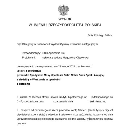 Wyrok frankowy przeciwko Getin Noble Bank Sąd Okręgowy w Sosnowcu