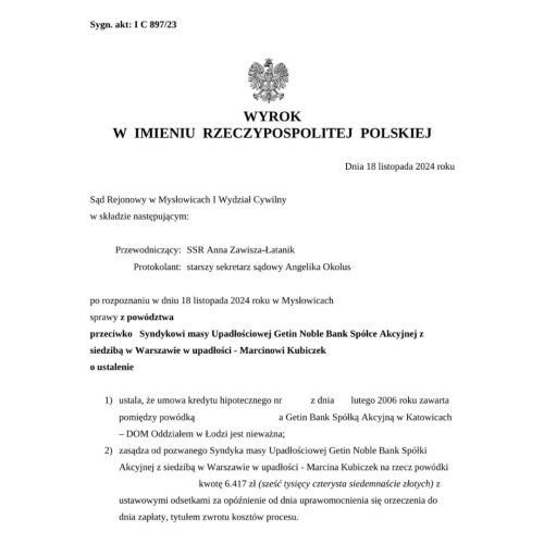 Wyrok frankowy przeciwko Getin Noble Bank w upadłości Sąd Rejonowy w Mysłowicach
