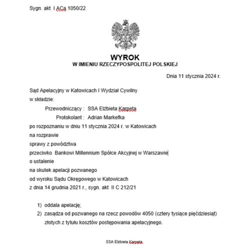 Wyrok frankowy przeciwko Millennium Sąd Apelacyjny w Katowicach