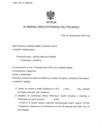 Wyrok frankowy przeciwko Millennium Sąd Okręgowy w Bielsku Białej