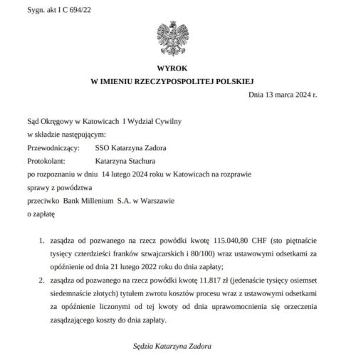 Wyrok frankowy przeciwko Millennium Sąd Okręgowy w Katowicach