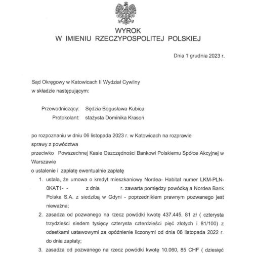 Wyrok frankowy przeciwko PKO BP Sąd Okręgowy w Katowicach