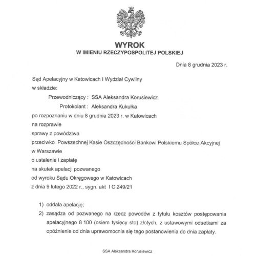 Wyrok frankowy przeciwko PKO BP Sąd Okręgowy w Katowicach