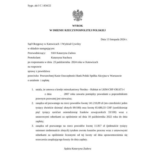 Wyrok frankowy przeciwko PKO BP Sąd Okręgowy w Katowicach
