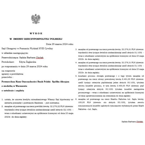 Wyrok frankowy przeciwko PKO BP Sąd Okręgowy w Poznaniu