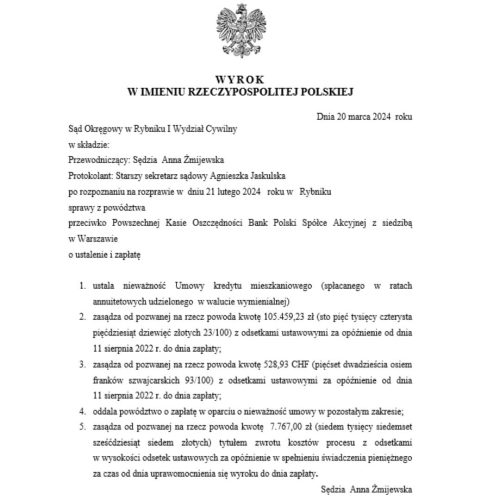 Wyrok frankowy przeciwko PKO BP Sąd Okręgowy w Rybniku