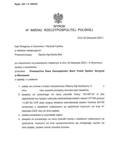 Wyrok frankowy przeciwko PKO BP Sąd Okręgowy w Sosnowcu