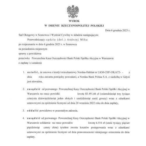 Wyrok frankowy przeciwko PKO BP Sąd Okręgowy w Sosnowcu