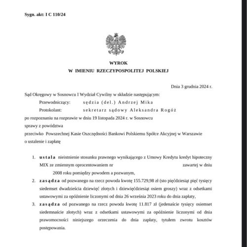 Wyrok frankowy przeciwko PKO BP Sąd Okręgowy w Sosnowcu