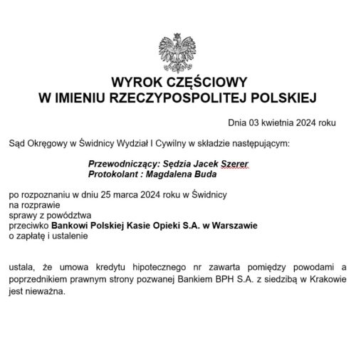 Wyrok frankowy przeciwko Polska Kasa Opieki Sąd Okręgowy w Świdnicy