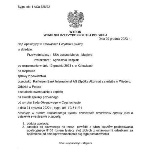 Wyrok frankowy przeciwko Raiffeisen Sąd Apelacyjny w Katowicach