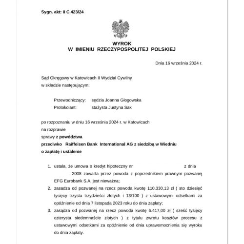 Wyrok frankowy przeciwko Raiffeisen Sąd Okręgowy w Katowicach
