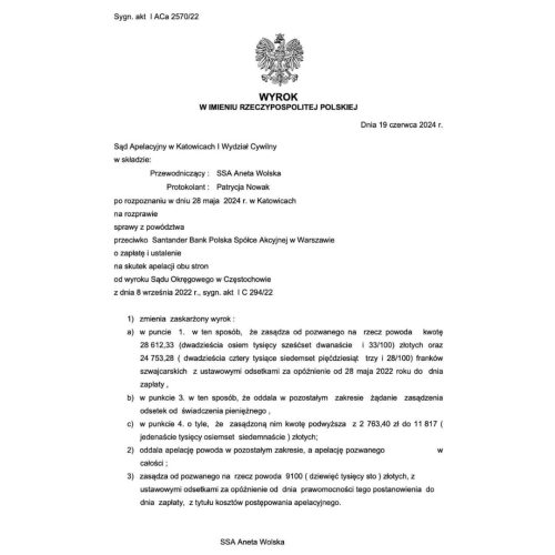 Wyrok frankowy przeciwko Santander Bank Polska S.A. Sąd Apelacyjny w Katowicach