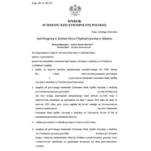 Wyrok frankowy przeciwko Santander Sąd Okręgowy w Zielona Góra