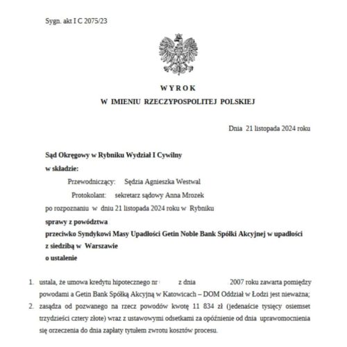 Wyrok frankowy przeciwko Syndykowi Getin Noble Bank Sąd Okręgowy w Rybniku