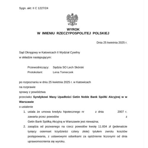 Wyrok frankowy przeciwko Syndykowi Masy Upadłości Getin Noble Bank Sąd Okręgowy w Katowicach