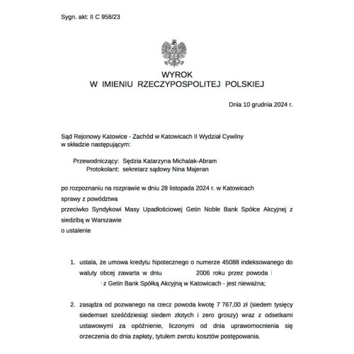 Wyrok frankowy przeciwko Syndykowi Masy Upadłościowej Getin Noble Sąd Okręgowy Katowice-Zachód