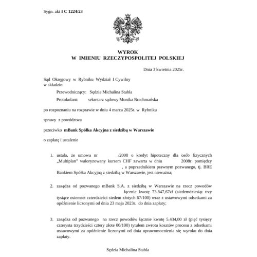Wyrok frankowy przeciwko mBank Sąd Okręgowy w Rybniku