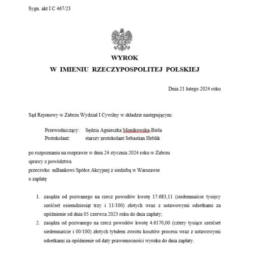 Wyrok frankowy przeciwko mBank Sąd Rejonowy w Zabrzu