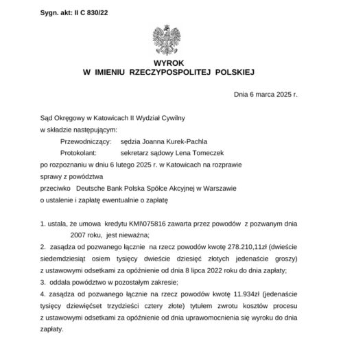 Wyrok kredyt EURO przeciwko Deutsche Bank Sąd Okręgowy Katowice