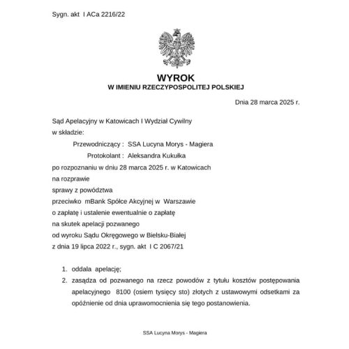 Wyrok prawomocny Sąd Apelacyjny Katowice przeciwko mBank