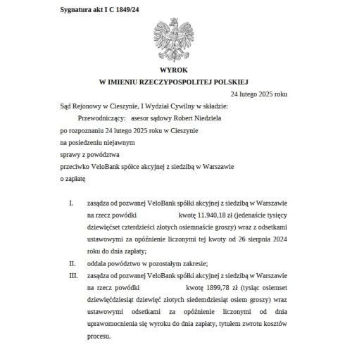 Wyrok w sprawie sankcji kredytu darmowego Sądu Rejonowego w Cieszynie przeciwko VeloBank