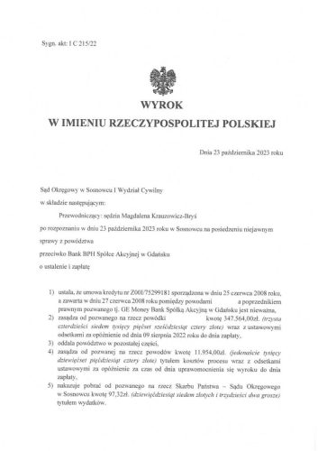 Wyroki frankowe Bank BPH Sosnowiec